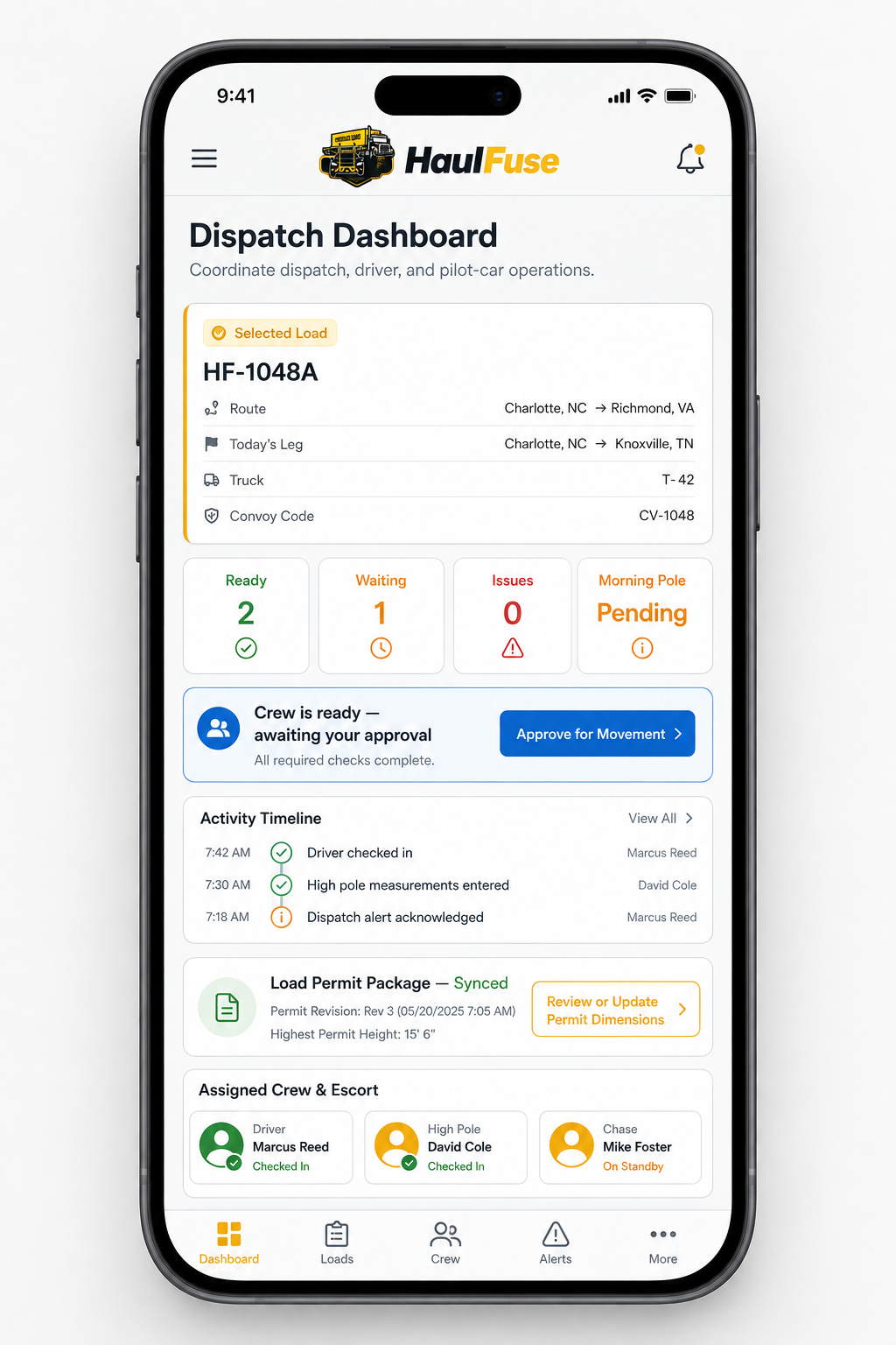 HaulFuse dispatcher dashboard showing load status, movement approval, activity timeline, permits, and assigned crew