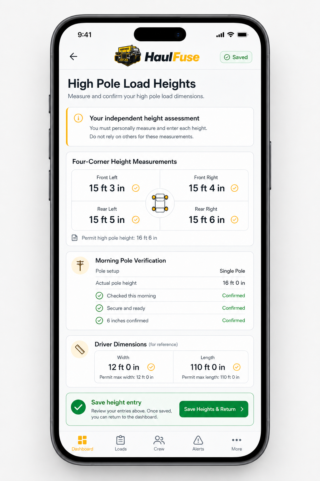 HaulFuse high-pole independent load-height assessment and morning pole verification screen