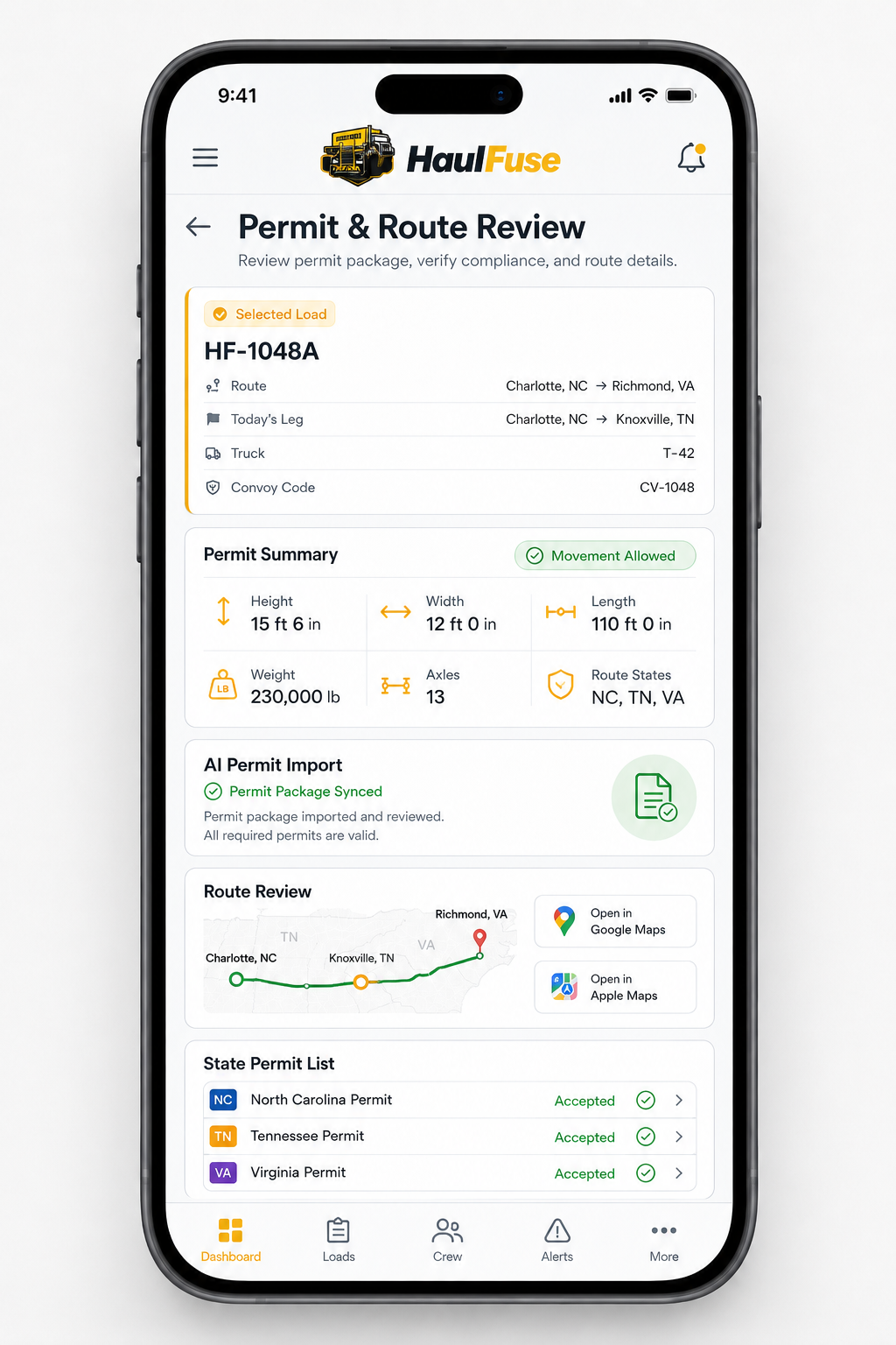 HaulFuse permit and route review screen showing permit dimensions, AI import, navigation handoff, and state permit status